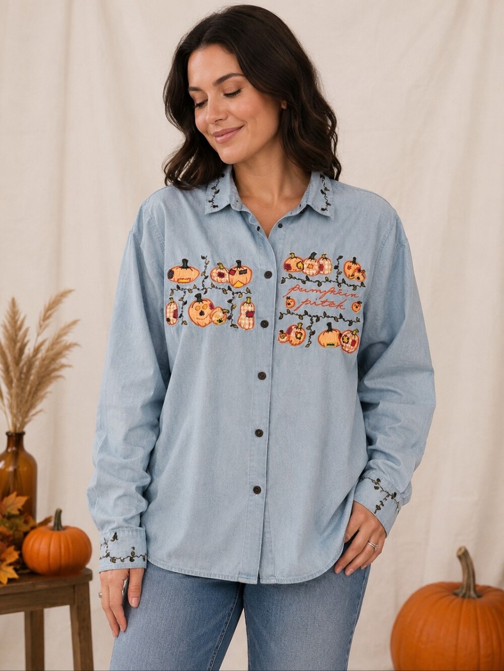 Vintage Embroidered Pumpkin Patch Denim Button Shirt Women's‎ 1x Thanksgiving